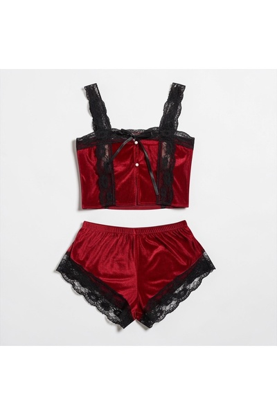 VELVIA Velvet Top and Shorts Pajama Set with Side Cutouts and Lace Detail