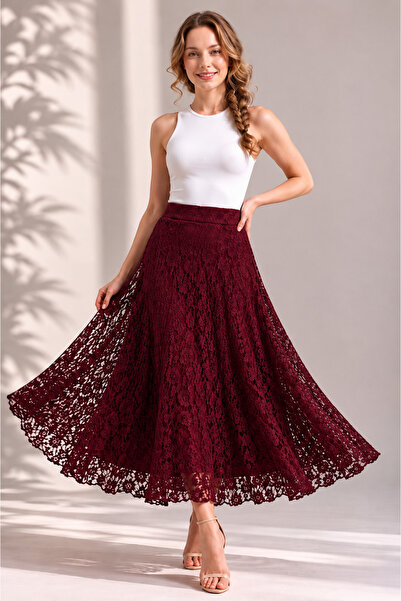 GLOW MUSE Astarlı Güpür Dantel Etek -Bordo