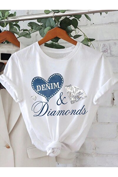 Deocept Women's Denim Text Printed Crew Neck Regular Fit T-Shirt