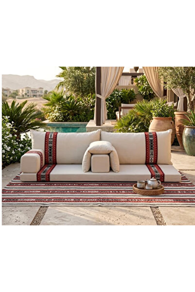 Xboat Arabic Majlis Floor Sofa Set, Cream with Red Tribal Pattern, Indoor Out...