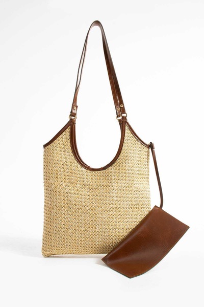KIRASE Natural Wicker Textured Double Bag Set Daily Use Large Size Shoulder a...