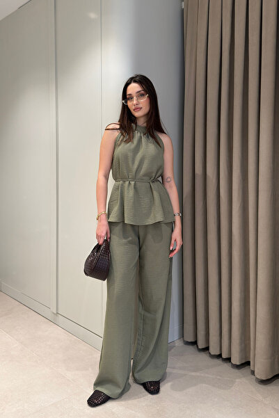 MAGARDE Set bluză cu guler halter din in - KHAKI