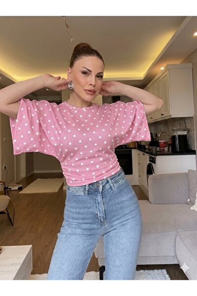 Royteks Fashion Kadın Puantiyeli Yanı Büzgülü Şık Bulüz Tişört