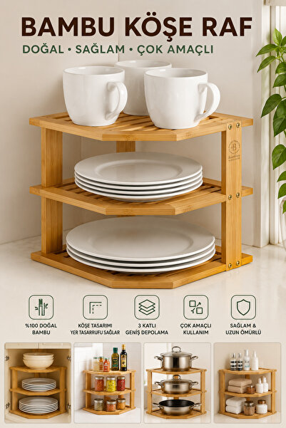 Binbirreyon Bamboo 3-Tier Plate Rack Kitchen Cabinet Corner Shelf 25X25X25Cm ...