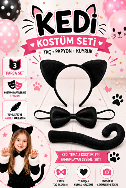 Tamsena Store Çocuk Kedi Kostüm Seti Siyah Kedi Kulak Taç Papyon ve Kuyruk 3 ...