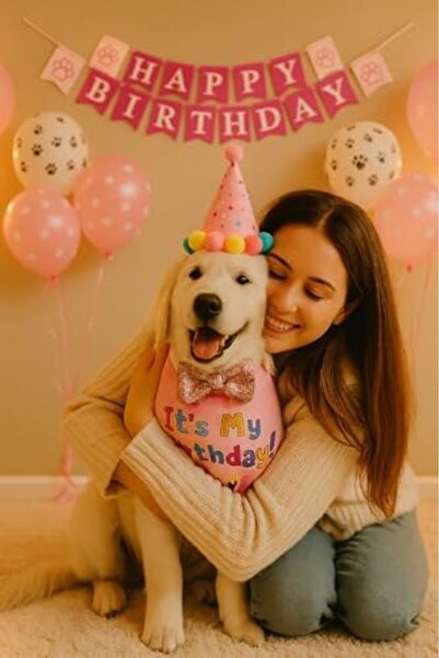 Yıldızan Terra Organic Dog Cat Birthday Set Bandana Hat Banner Party Decorati...