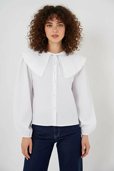 buğrahayalin Women's Baby Collar Ruffled Bow Detailed Cotton White Shirt