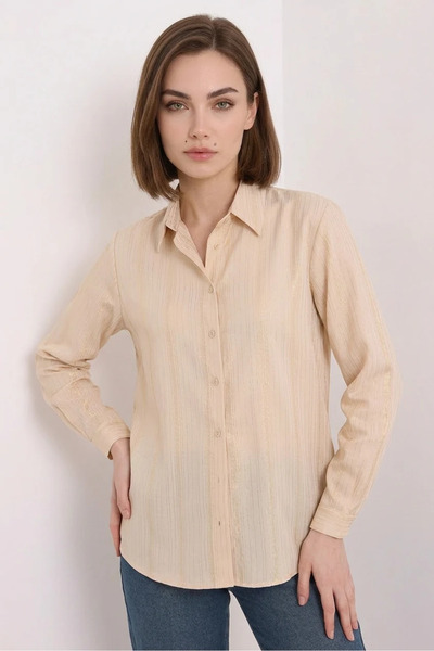 Generic Brand Women's Foil Patterned Striped Beige Shirt