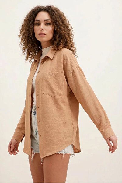 buğrahayalin Women's Oversize Single Pocket Viscose Biscuit Shirt