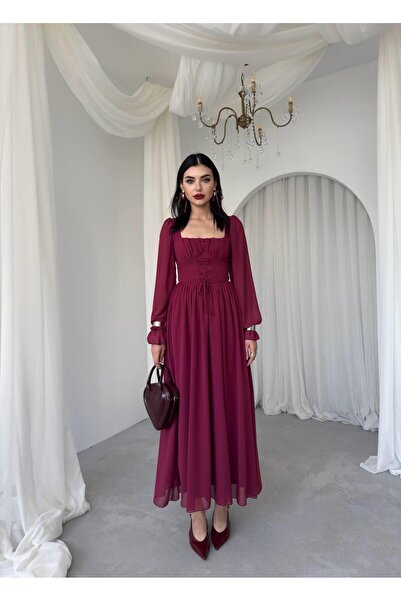 Caddebostan Moda Square Neckline Long Sleeve Chiffon Bodice Tie Back Evening ...