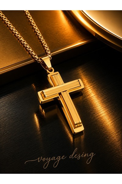 voyageaccessory 316L Paslanmaz Çelik Unisex Tasarım Gold Renk Haç Kolye