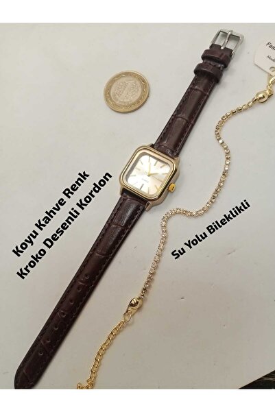 Brality Vintage Design Model, Gold Color Case, Silver Color Dial, Dark Brown ...