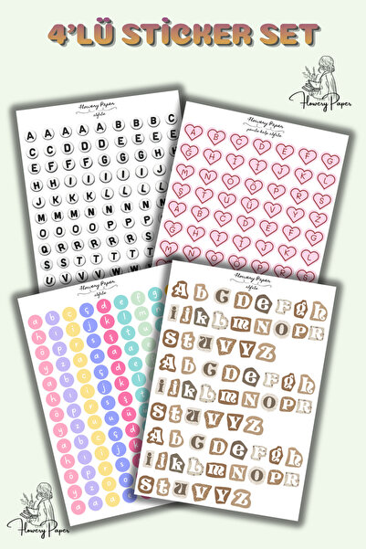 Flowery Paper 4'lü Alfabe Sticker sayfası , Defter,ajanda ,journal,scrapbook,...