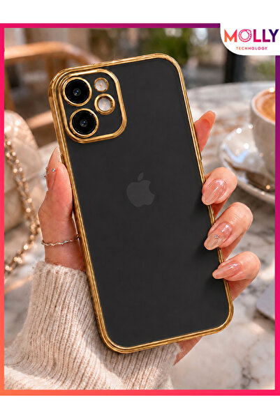 Molly iPhone 11 İçin Kenarları Metalik Gold Kare Köşeli Mat Şeffaf Silikon Kılıf