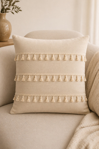 Morlay Husă de pernă decorativă din in natural cu ciucuri, stil boem rustic v...
