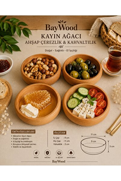 WoodBay 4 ’LÜ Kayın Ağacı Çerezlik Sosluk 11 cm El Yapımı Ahşap Kase Kuruyemi...
