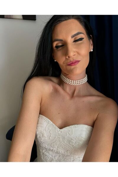 Ravinity 3 Sıra Choker İnci Kolye Krem İncili Gelin Aksesuarı Nikah Kolyesi