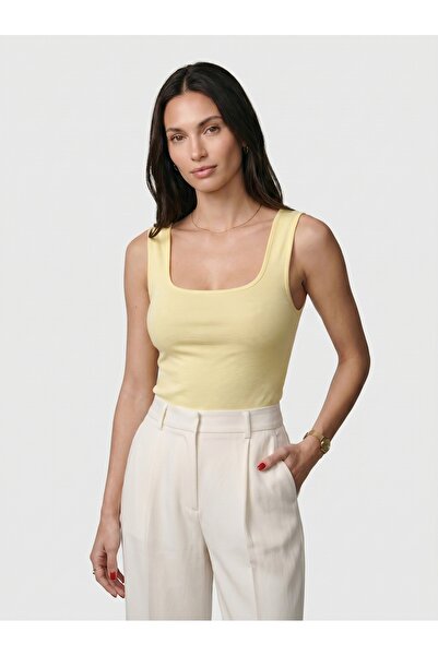 Noe Collection Kadın Tereyağ Sarı Kare Yaka Kalın Askılı Pamuklu Body