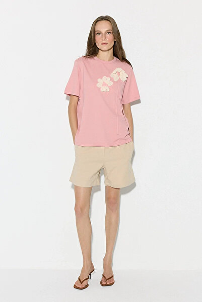 Gusto Tricou din bumbac cu aplicații florale - Roz