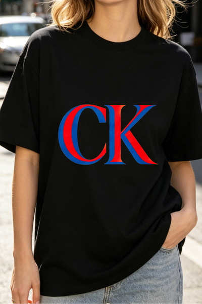 Fleck Womens T Shirts CK Logo Print Oversized Casual Streetwear Style Black T...