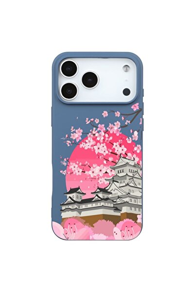 Casen iPhone 17 Pro Max Mavi Lansman Sakura Renkli Silikon Kılıfı