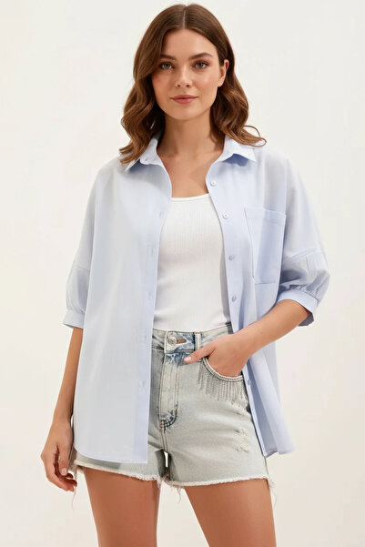 Efnaz style Women's Basic Oversize Short Sleeve Cotton Baby Blue Shirt with P...