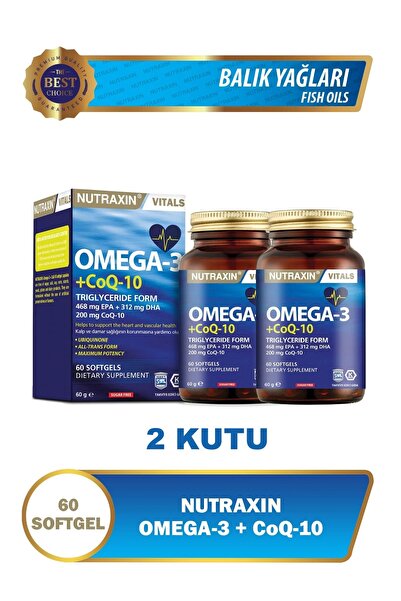Nutraxin Omega-3 + CoQ10 60 Kapsül 2 KUTU | 1300 mg Balık Yağı | EPA & DHA De...