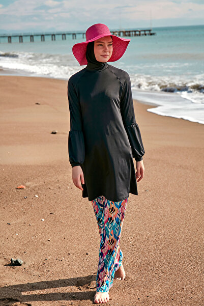 Marina Black Colored Patterned Fully Covered Hijab Swimsuit 4-Piece Set M2491