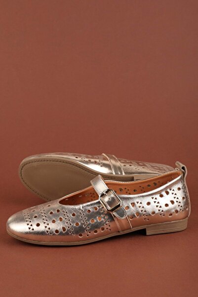 Gondol Women's Genuine Leather Daily Perforated Strap Ballerinas Hl.24500 Gold