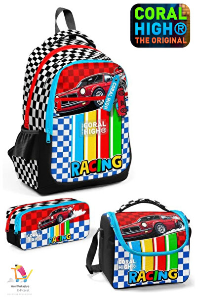 Coral High Kids Red Car Patterned Three-Compartment School Backpack, Lunch Bo...