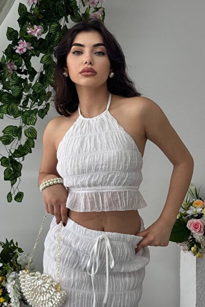 Julidress Set premium cu bluză crop cu detaliu de legătură la spate și fustă ...