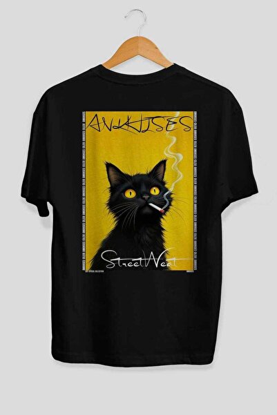 Ankhises For the Love of Cats 29 Cats Printed Black Oversize T-Shirt 100% Cot...
