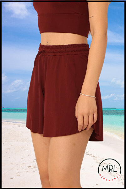missmaral Kadın Bordo / Burgundy Şort Formunda Bikini Altı Cepli Lastikli Bağcıklı ve Yan Yırtmaçlı