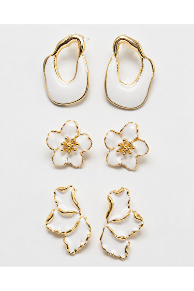 MRK 3 Pairs Earrings Set White Flower Leaf Asymmetric Earrings