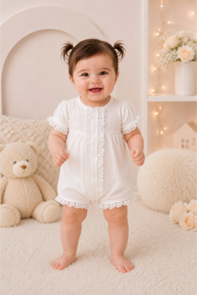 My Babies Label Baby Girl Lace and Trim Detailed 2-Piece Short Sleeve Jumpsuit