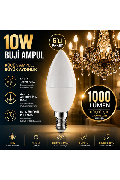 repplam 5'li Paket 10W Buji Led Ampul Sarı Işık İnce Duylu Ampul Avize Ampulü...