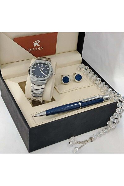 RİVOLİ Men's Stainless Steel Set consisting of a watch, rosary, pen, and cuff...
