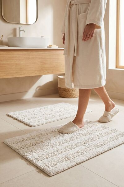 Menderes Home Cotton Collection Line 2-Piece Bath Mat Cream 60X100+50X60 cm