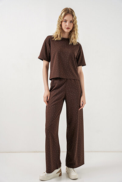 Merterium Women's Stoned T-Shirt and Pants Two-Piece Set - Brown 1402