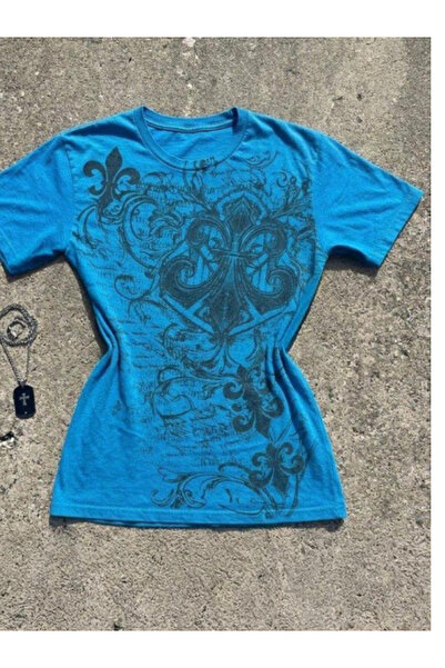 İsra Ayyıldız Moonstar Collection Mavi Fleur-De-Lis Gotik Y2K Kısa Kollu bluz
