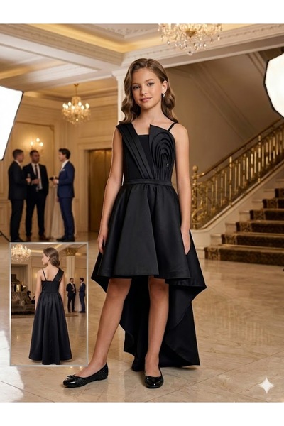 Erkut 3D Spiral Appliqué Detailed Tailed Girls' Evening Dress