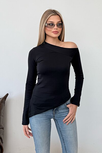 GİYSA Women's Long Sleeve Asymmetrical Cut Detailed Blouse Black - Ms0001284