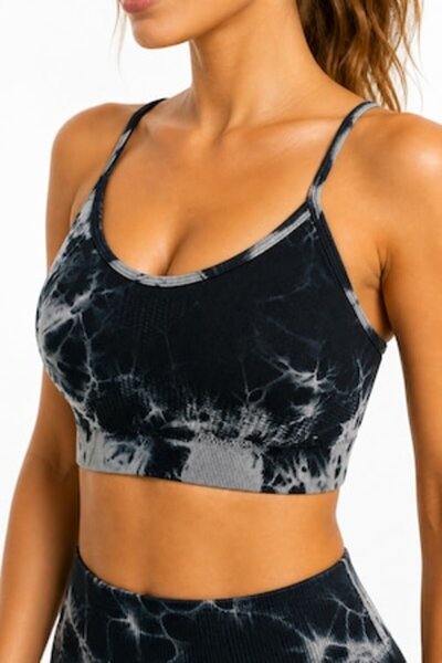 SHOPIENS Women's Tie Dye Black Sports Bra Crossed Straps Elastic Fit Tight Sp...