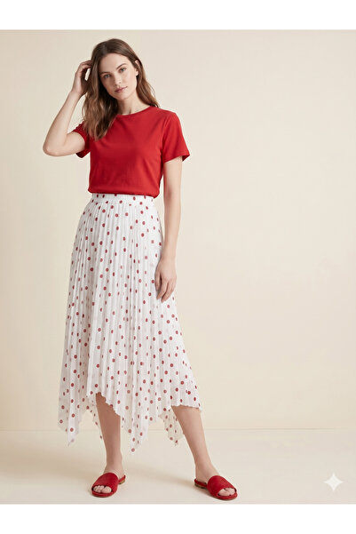 Sibel Günay Butik Ecru Red Polka Dot Midi Skirt with Elastic Waist and Lining...