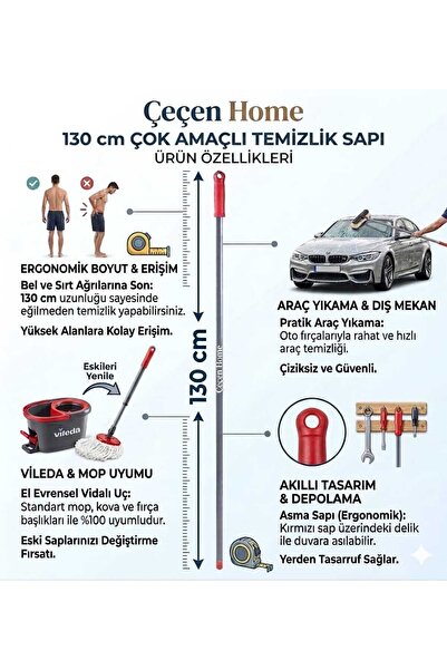 ÇEÇEN HOME 130 cm Multi-Purpose Screw-On Metal Mop Brush Handle; Compatible R...
