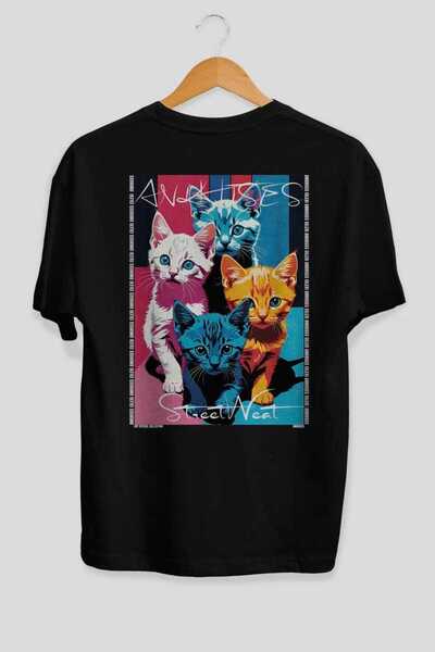 Ankhises For the Love of Cats 15 Cats Printed Black Oversize T-Shirt 100% Cot...