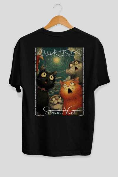 Ankhises For the Love of Cats 110 Cat Printed Black Oversize T-Shirt 100% Cot...