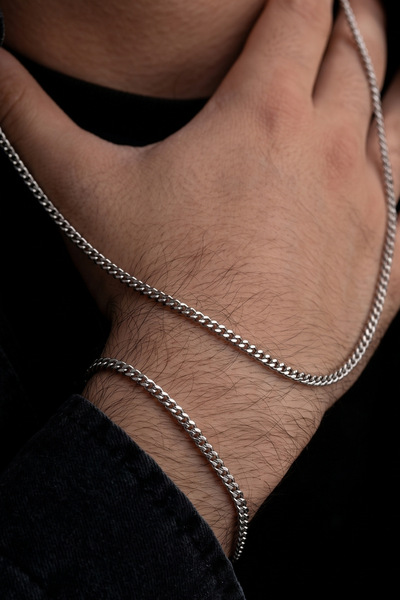 OSMANLI GÜMÜŞ Men's Steel Bracelet Necklace Set - Fine Square Cut Model Steel...