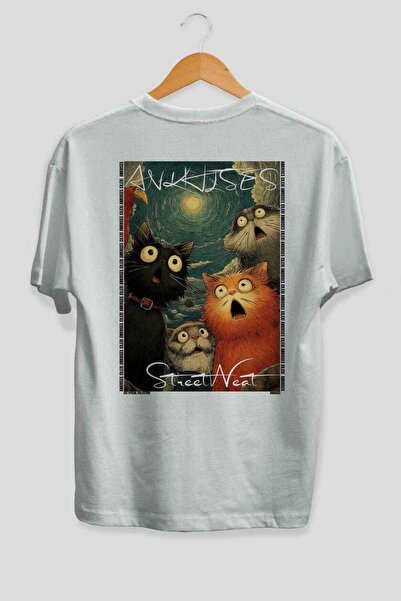 Ankhises For the Love of Cats 110 Cat Printed White Oversize T-Shirt 100% Cot...