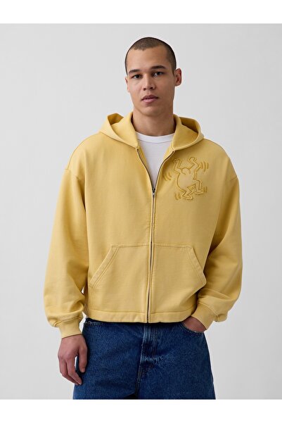 GAP Erkek Hardal Keith Haring Heavyweight Crop Fermuarlı Sweatshirt